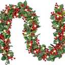 Red Berry Christmas Garland with Lights, 5.9FT Artificial Garland Christmas Decorations Battery Operated Christmas Garland for Mantle Winter Holiday Garland New Year Fireplace Stairs Home Table Decor