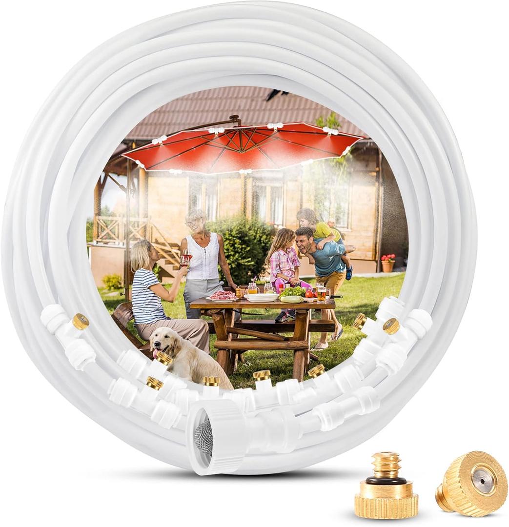 Mister System for Outside Patio, 50 FT Outdoor Misters for Outside Patio, Misting System for Cooling Producing Water Mist in Backyard, Trampoline, Porch, Deck, Umbrella, Garden (White)