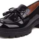 British Style Women's Fashion Loafers, Patent Leather Tassel Loafers, Black Thick-Soled Loafers, Slip-on Thick-Soled Loafers, Simple Casual Flat Shoes, Plus Size Shoes (8.5)