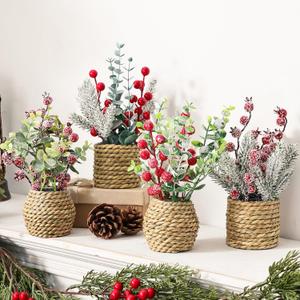 4 Pack Christmas Table Decorations, 9" Small Christmas Tree with Pine Cone Berry, Rustic Handcrafted Straw Weaving Pot Artificial Tree Tabletop Centerpieces for Home Indoor Fireplace Mantel Xmas Decor
