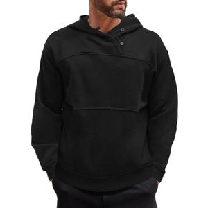 Floral Find Men's Long Sleeve Fleece Hoodies Button Up Sweatshirt Loose Fit Fall Winter Pullover Top (Black)