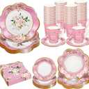 TWOWYHI 136Pcs Floral Tea Party Supplies for 25 Floral Tea Cups with Handle 9 7 Floral Paper Plates Disposable Flower Cups and Saucers Sets for Garden Birthday Bridal Wedding,Pink