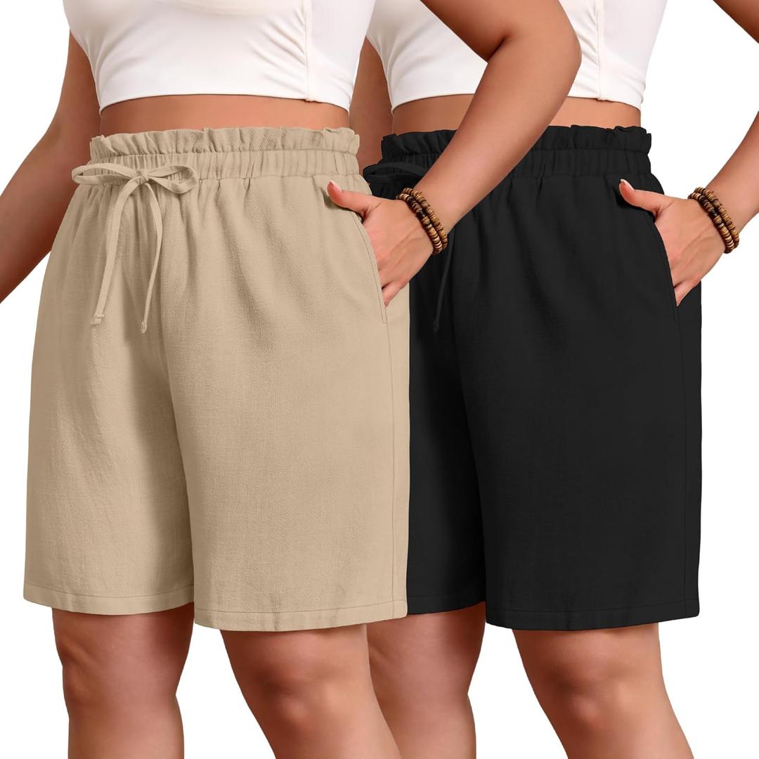 Evervibe 2 Pack Women's Linen Bermuda Shorts Plus Size L-5xl Cotton Knee Length High Waist Summer Casual Pants with Pockets(Black, Khaki, 3X-Large) Evervibe 2 Pack Women's Linen Bermuda Shorts Plus Size L-5xl Cotton Knee Length High Waist Summer Casual Pants with Pockets(Black, Khaki, 3X-Large)