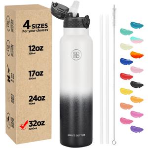 Han's Bottle Sports Water Bottle - 32 Oz, Straw Lid, Leak Proof, Vacuum Insulated Stainless Steel, Double Walled, Thermo Mug,White & Black