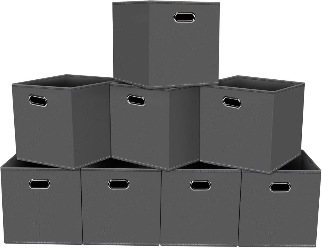 HEAYEEG Foldable cube storage bins, Fabric Storage Box Cubes Organizer Baskets with Dual Handles for Home Organizer,Nursery,Shelves,Closet,Set of 8,(Grey)