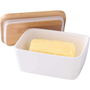 Large Ceramic Butter Dish with Lid and Natural Oak Wood Cover for Kitchen Decor and Accessories for Kitchen Gift, White