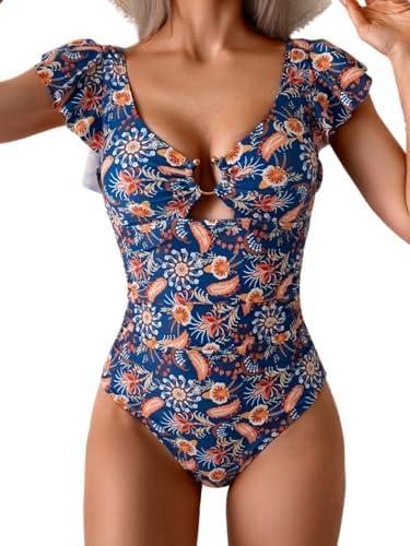 Eomenie Women's One Piece Swimsuit Tummy Control Bathing Suit Cutout Ruffle Slimming Swim Suit, M