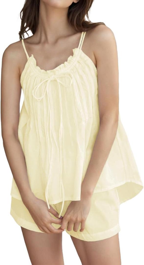 Womens Summer 2 Piece Short Sets Sleeveless Ruffle Trim Top and Shorts Cotton Pajamas Set (Small)