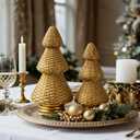 DN DECONATION Gold Christmas Tree Figurines, Natural Rattan Style Tabletop Christmas Decor, Set of 2 Resin Xmas Trees for Home, Mantel, Desk, Holiday Centerpiece