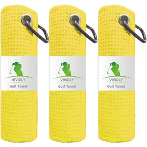 VIVIDLY 3 Pack Golf Towels, Microfiber Waffle Pattern Golf Towel, Suitable for Men's Golf Gifts (Yellow)