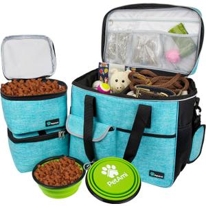 PetAmi Travel Bag Organizer - Dog & Cat Diaper Bag with Food Container and Bowls, Perfect for Weekend Camping (Sea Blue, Large) (Large - 15.5"L x 9.5"W x 14.0"H)