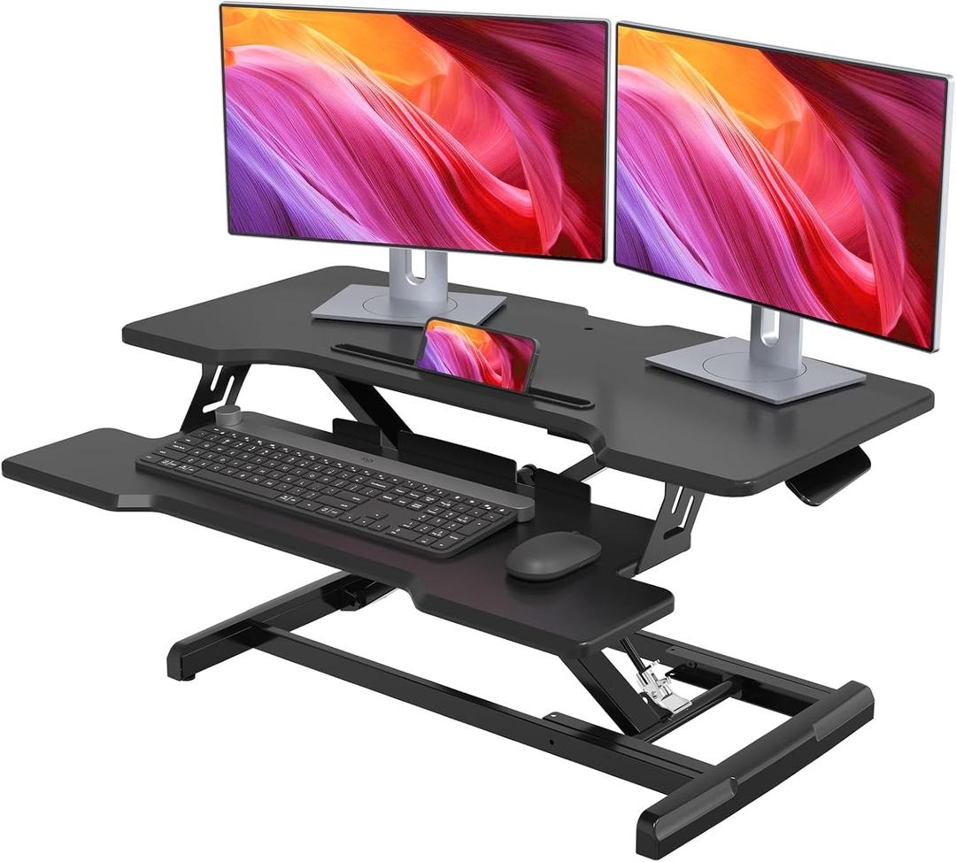 Standing Desk Converter 32 inch, Height Adjustable Sit Stand Desk Riser, Quick Sit to Stand Tabletop Dual Monitor Riser Workstation for Home Office with Keyboard Tray, Black