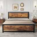 LIKIMIO Walnut Bed Frame Structurally Stable Heavy Duty Steel Slat Supported Queen Bed Frames