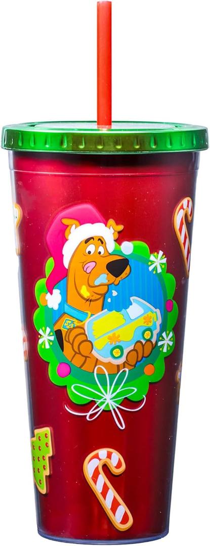 Spoontiques Acrylic Foil Cup with Straw, 20oz - Metallic Locking, Double Wall Insulated, BPA Free - Scooby Doo Christmas