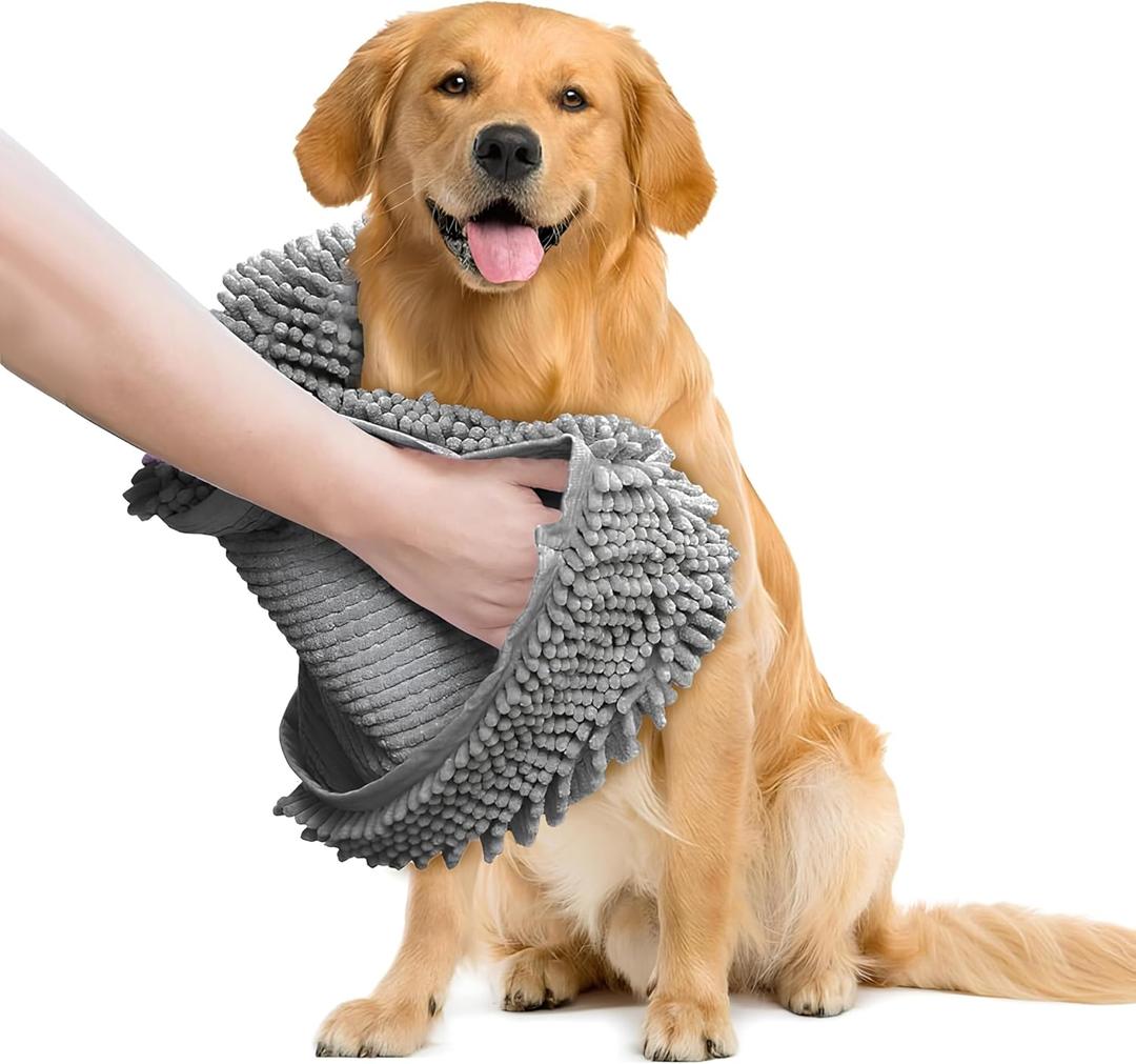 Muddy Mat Doggy Dryer, Highly Absorbent Microfiber Washable Dog Shammy Quick Drying Towel Absorber - Extra Soft Plush Wrap Chenille Bath Towels to Dry Soggy Large Pets & Small Puppy-Grey 19"x46"