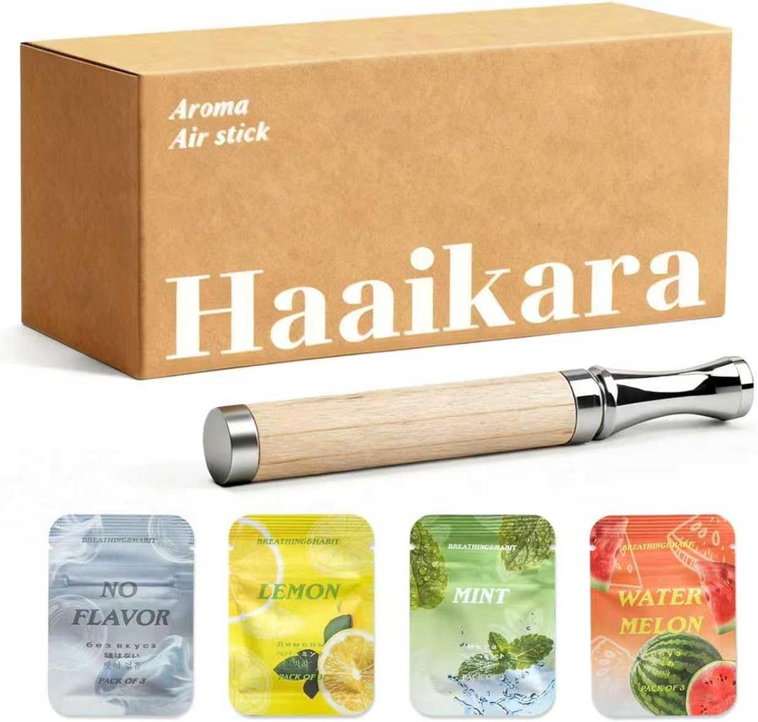 Herbal Air Stick Smokeless Inhaler Maple Wood Barrel & Stainless Steel Tip 4 Scents Smoking Alternative Portable, Non-Electric for Quit Smoking Support, Anxiety Relief