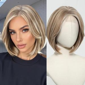 testar Blonde Wigs for White Women Short Light Bob Wig Straight Lace Hairline Wig Highlights Natural Looking Synthetic Heat Resistant Wig for Cosplay 12IN