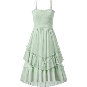 Sunny Spirit Girls Summer Dress for Tween Girl Teen Kids Sundress Maxi Boho Smocked Flowy 2-Way Layered Skirt 5-14 Years (Green)