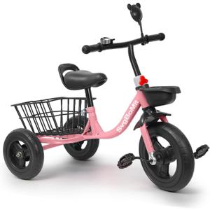 Children's Tricycle for 2-5 Years Old, Anti-tip-Over Pedal Bike, Iron Material Anti-Puncture Hand dip Plastic Rear Storage Basket, Rubber Tires, Gifts for Boys and Girls (Pink)