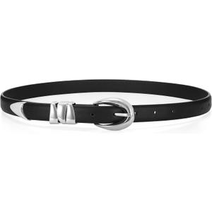 WHIPPY Women Skinny Leather Belt for Jeans Pants Dresses Ladies Fashion Waist Belt with Shiny Gold Buckle (M: Fit Waist Size 30-34", Black Silver)