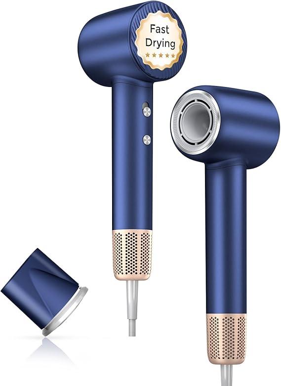 Hair Dryer, 140000 RPM High-Speed Brushless Motor Negative Ionic Low Noise Blow Dryer for Fast Drying, Thermo-Control Quiet Compact with Magnetic Nozzle for Home Travel Salon Use,Blue