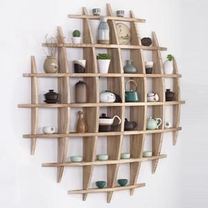 Solid Wood Chinese Tea Cup Holder, Wall Mounted Teapot Display Stand, Wall Decoration Teaware Shelf Storage Rack for Living Room Kitchen Office Commercial (Carbonization Color, 39x39'')