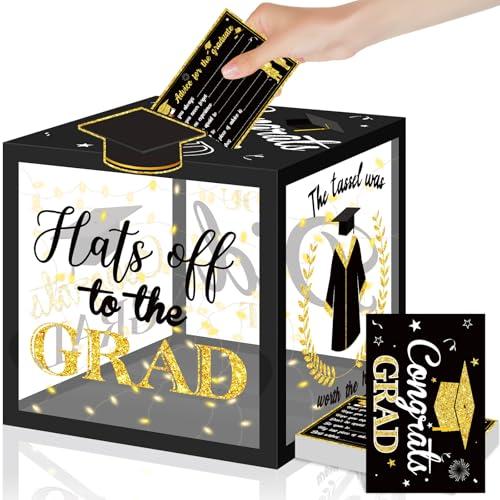Class of 2025 Graduation Card Box with 30 Pcs Advice Cards, Black Gold Graduation Card Box Holder with LED Light Congrats Grad Gift Card Box for School College 2025 Graduation Party Decor
