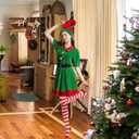 Elf Dress for Women Costume,Holiday Hat, Red Striped Stockings, Rubber Band Belt 4-Piece Set (Sizes: S, M, L, XL) (Green, L)