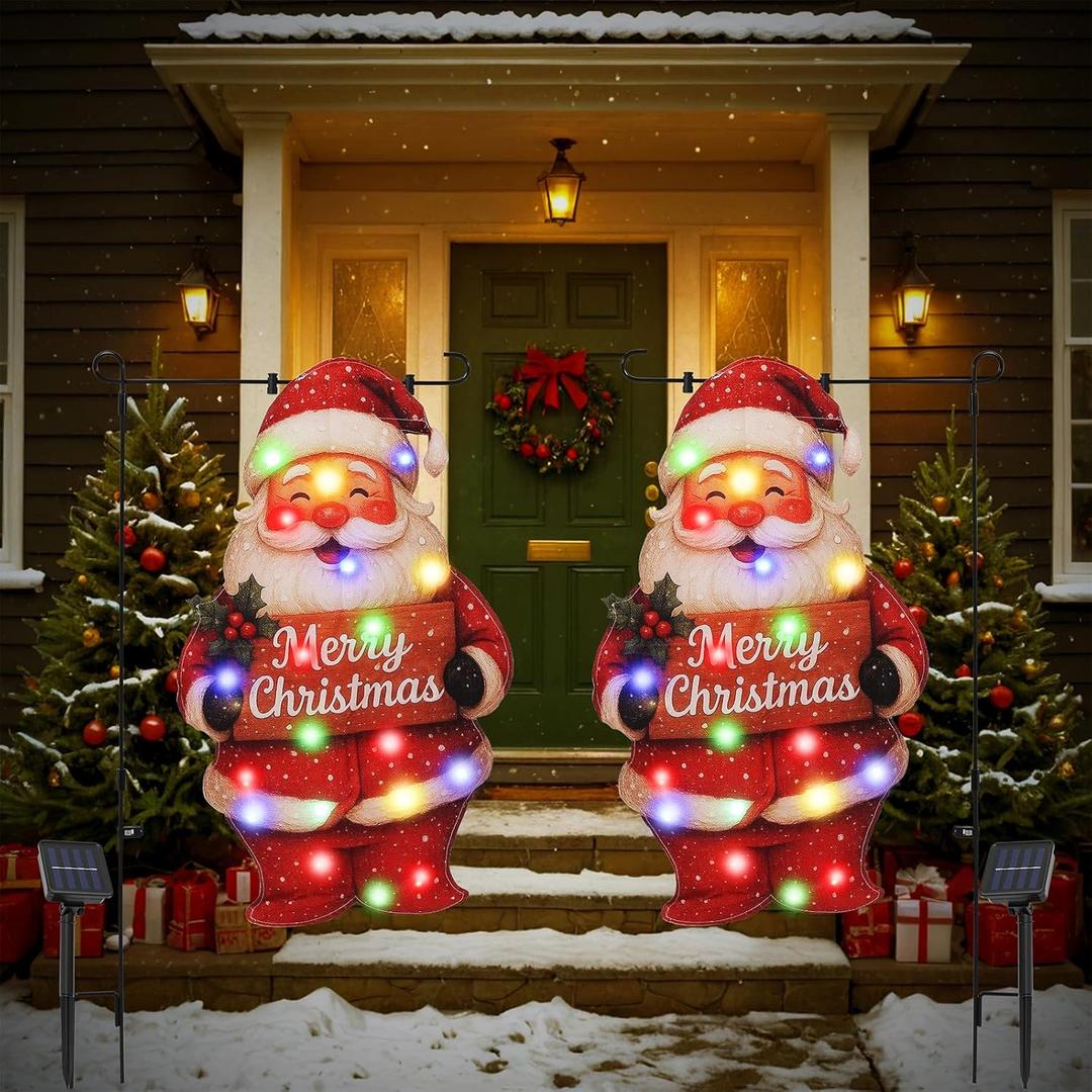2 Pcs Lighted Christmas Garden Flag 22x13 Inches, 8 Modes Double Sided Santa Solar Christmas Decorations Outdoor LED Navidad Flag for Yard Patio Lawn Porch Xmas Decor