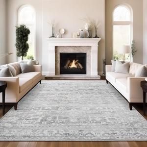 8x10 Area Rugs for Living Room, Stain Resistant Washable Rugs for Dining Room, Kitchen, Floral Vintage Non-Slip Thin Gray Large Area Rug(Grey, 8'x10')