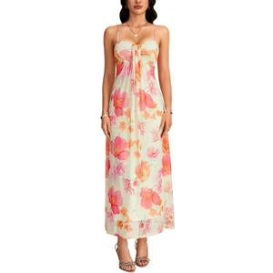 LYANER Women's Floral Ruffle Hem A Line Adjustable Spaghetti Strap Elegant Long Dress (XS)