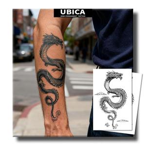 2 Sheets Large Semi Permanent Tattoo, Dragon Design Black Realistic Temporary Tattoo for Men Women Adult, Lasts 7-15 Days Realistic Fake Tattoos Stickers, Waterproof & Non-Reflective