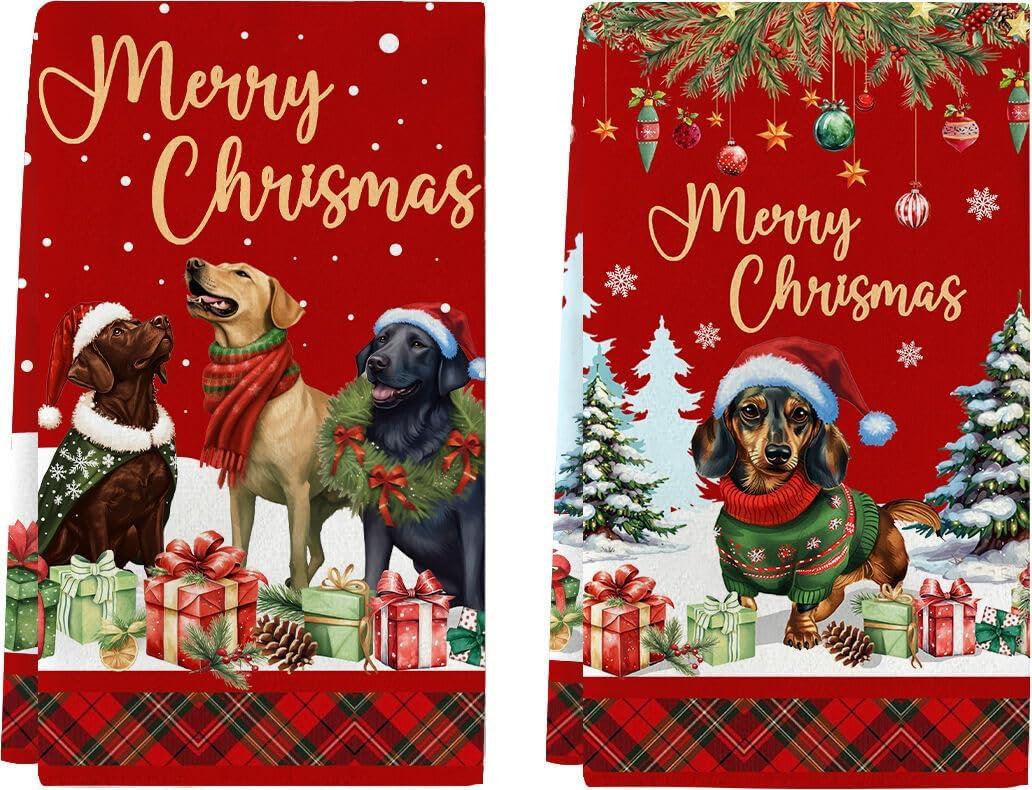 Christmas Kitchen Towels Set of 2, Funny Dogs Red Plaid Xmas Dish Hand Drying Tea Towel for Cooking Baking Winter Holiday Decor, Merry for Dog Lovers