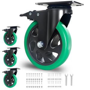 5 Inch Caster Wheels, Plate Casters Set of 4 Heavy Duty, Silent Swivel Casters with Brake, Polyurethane Castor Wheels for Furniture and Workbench Cart, Green