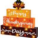Thanksgiving Decoarations Wooden Block Sign with Led Lights- Happy Thanksgiving Day Turkey Light up Wood Sign for Table Mantle Farmhouse Home Battery Operated Wooden Sign Tabletop Tiered Tray Decor