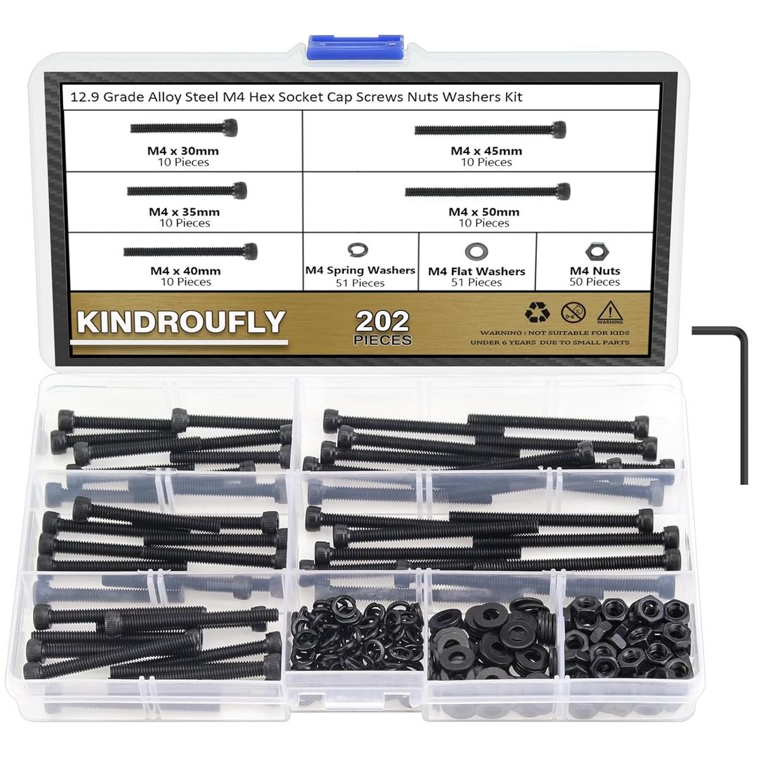 202 Pieces Black M4 x 30/35 /40/45 /50 mm Hex Socket Head Cap Screws Nuts Washers Assortment Kit, 12.9 Grade Alloy Steel