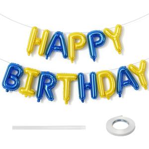 Blue and Yellow Happy Birthday Balloon Banner, 16 Inch Blue Gold Happy Birthday Bunting Banner Letter Foil Balloons for Boys Soccer Club Theme Cartoon Style Birthday Party Decorations Supplies