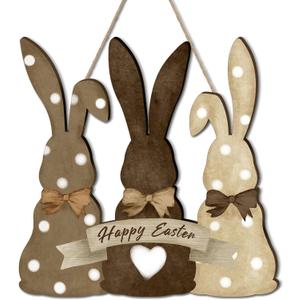 Menkxi Easter Wooden Hanging Sign Bunny Front Door Decor Happy Easter Rabbit Door Hanger Wreath Decoration for Wall Home Indoor Outdoor Spring Decor Supplies, 11.8 x 11.8 Inch
