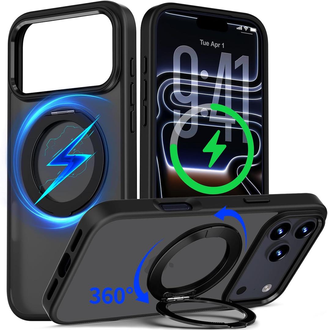 for iPhone 17 Pro Max Case Ultra-Magnetic 360 Spin Stand [Military Drop Protection] [Compatible with MagSafe] Shockproof Translucent Matte Slim Ring for iPhone 17 Pro Max Phone Case, Black