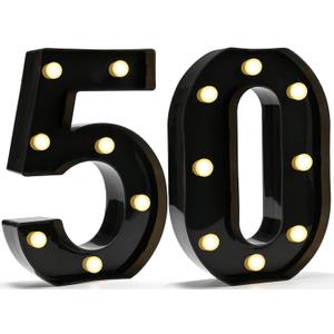 Pooqla Decorative Led Light Up Number Letters, Black Plastic Marquee Number Lights Sign for 50th Birthday Party Wedding Decor Battery Operated Black Decoration 50