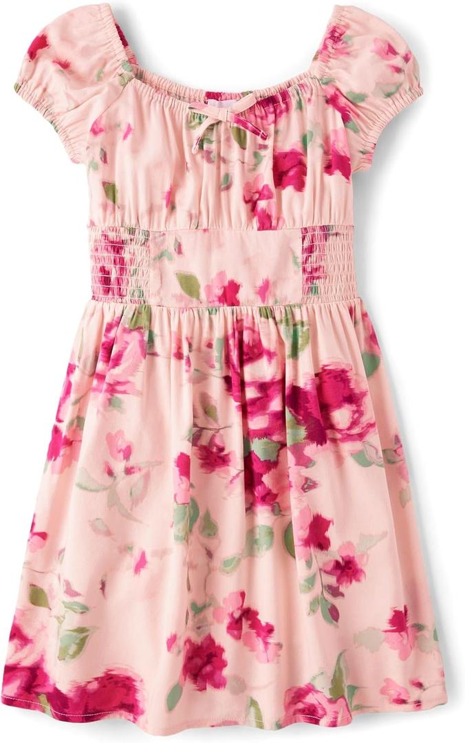 The Children's Place Girls' Short Sleeve Smocked Summer Dresses (XX-Large, Crystal Pink Floral)