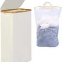 Slim Laundry Basket with Lid, Narrow Laundry Hamper with Removable Bag, Skinny Dirty Clothes Basket with Bamboo Handles for Bathroom, Bedroom & Laundry Room, 75L Beige