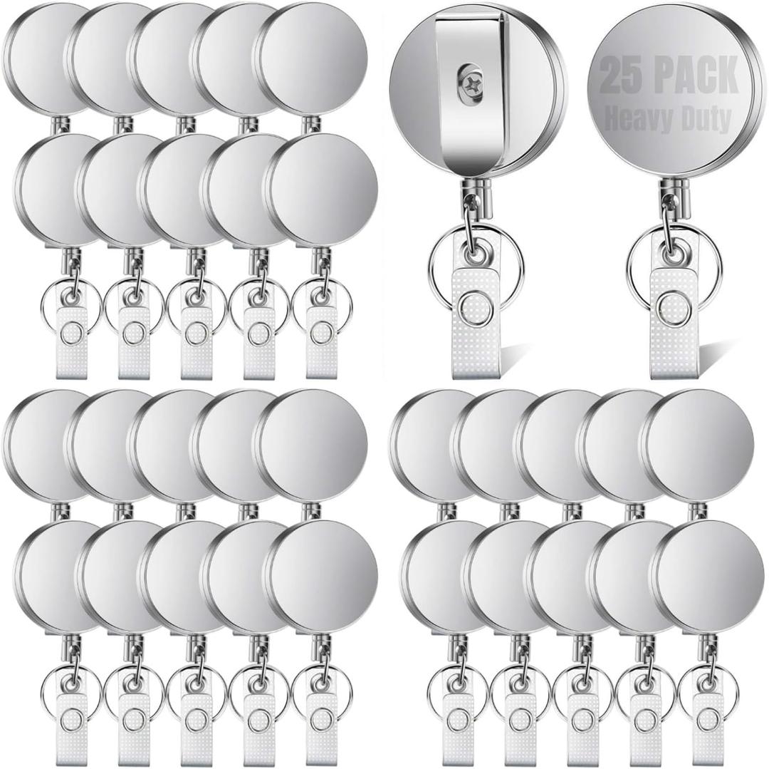 RHBLME 25 Pack Heavy Duty Metal Badge Reel with Clip & Key Ring, Retractable for Nurses, Teachers, Students, Workers