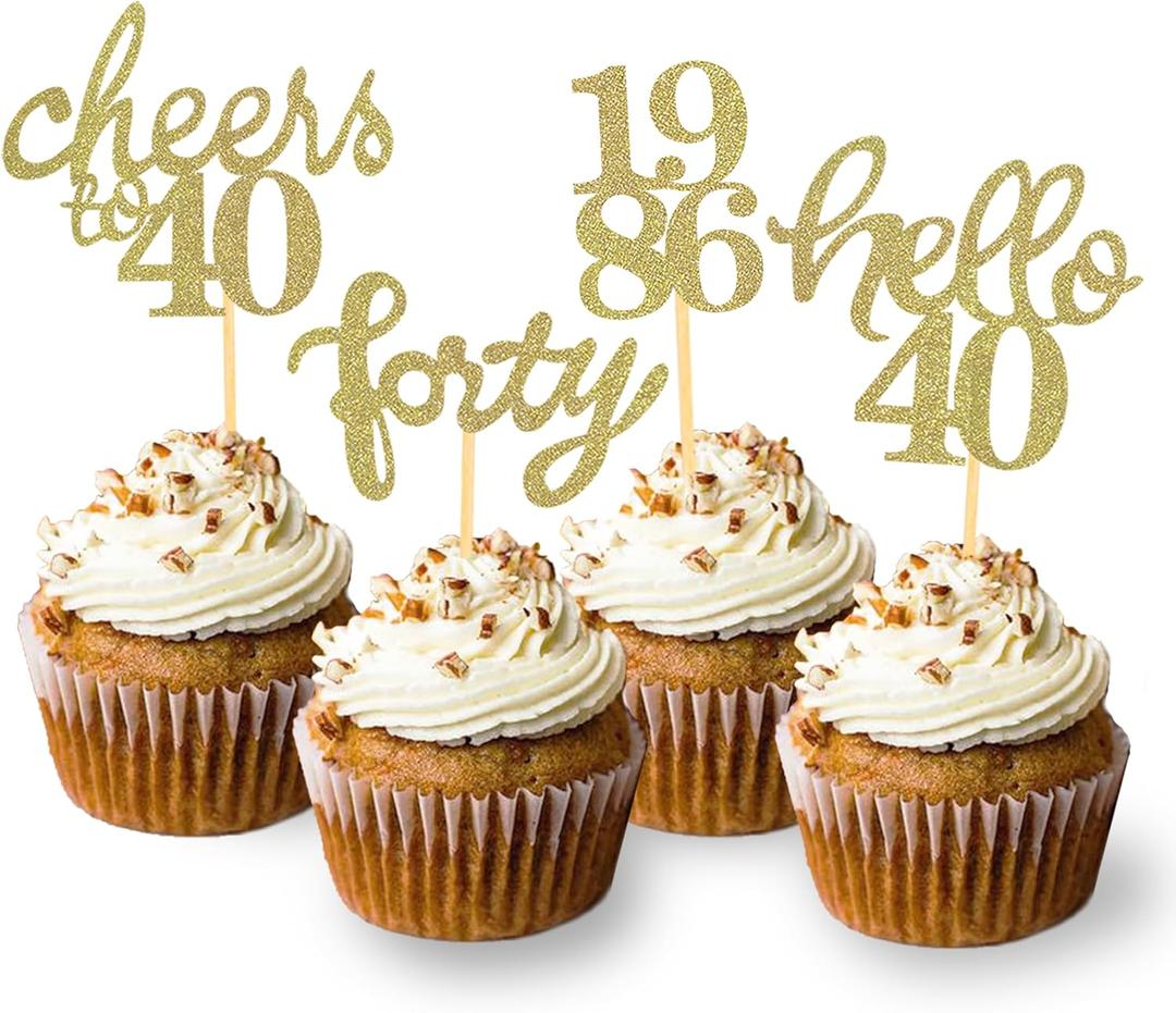 24 Pcs Glitter 40th Birthday Cupcake Toppers for Forty Years Old Birthday Party Decorations (Gold)