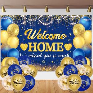 Welcome Home Decorations, Blue and Gold Welcome Home Banner Sign with 5.9x 3.6 Ft We Missed You So Much Banner &18 PCs Balloons for Military Homecoming Returning Welcome Back Party Supplies