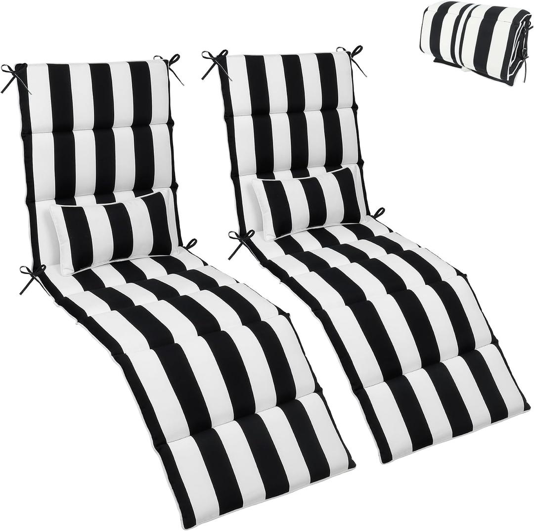 Only choice Chaise Lounge Cushion Outdoor Set of 2, 73" Lx24 W Quilted Patio Chair Cushion with Headrest, Waterproof & Fade-Resistant for Poolside, DeckPool Lounge Chairs (Black/White Striped)