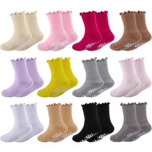 Baby Girls Toddler Ruffle Grip Socks Kids Non Slip Cute Frilly Cotton Crew Socks Uniform School Dress Sock 12 Pairs