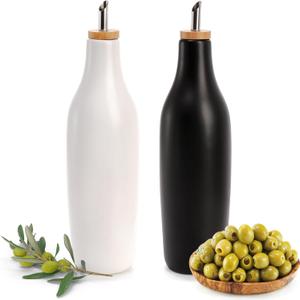 Elsjoy Set of 2 Ceramic Oil Bottle, 16 oz Ceramic Olive Oil Dispenser Set Olive Oil Container Pourer with Spout, Black & White