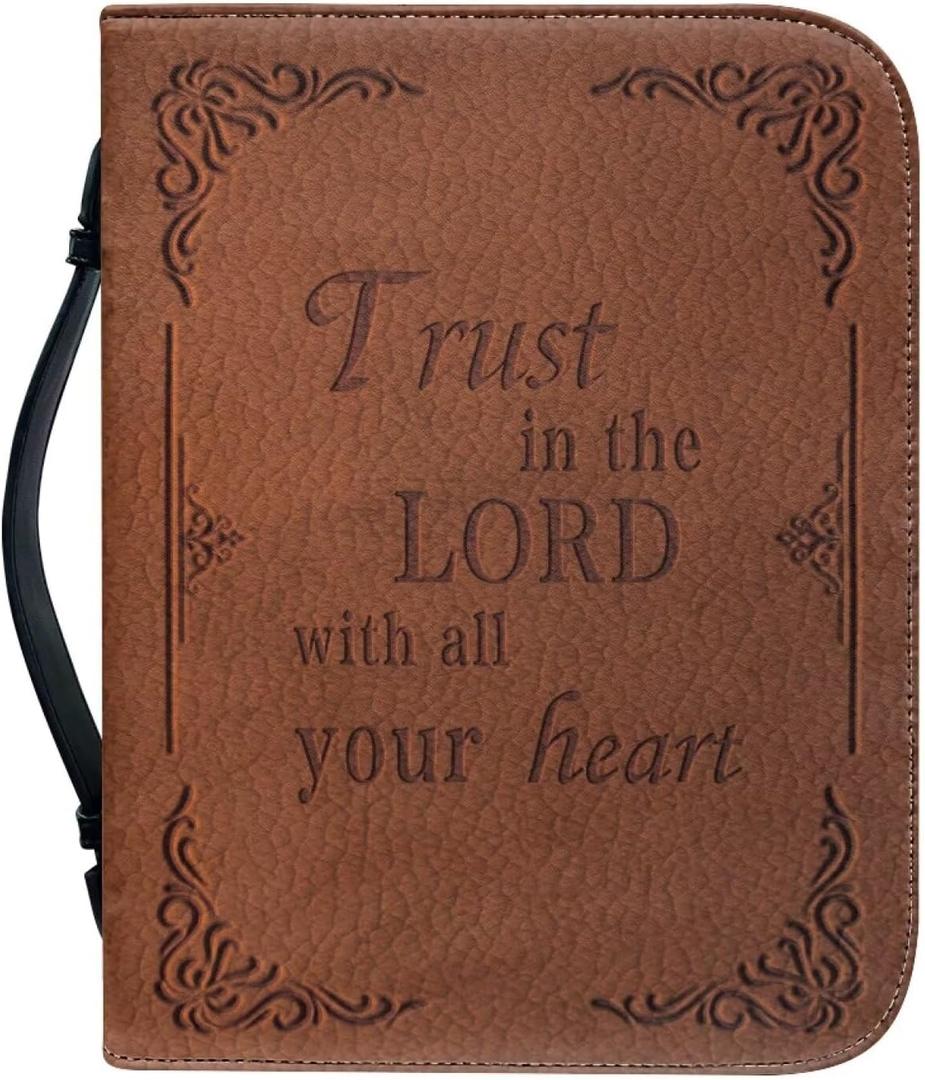 Brown Bible Cover Case for Women Men Classic Bible Carrying Bag with Zipper Church Large Book Bible Protector Trust in The Lord with All Your Heart Bible Cover (Medium)