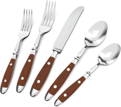 QUEARI Silverware Set For 8 with Two Rivets, Vintage 28-Piece Everyday Flatware Set with Wood Grain Bakelite Handle, Stainless Steel Cutlery Set, Dishwasher Safe, Knives Spoons and Forks Set
